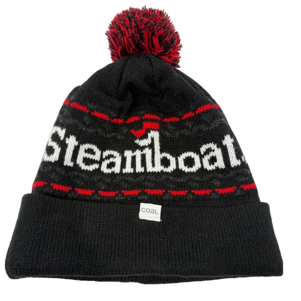 Coal Steamboat Knit Beanie Hat Black Red White Pom Pom Ski Snowboard One Size